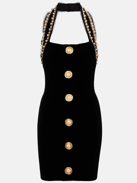 Pearl-Button Black Velvet Halter Mini Dress - Small - Dresses
