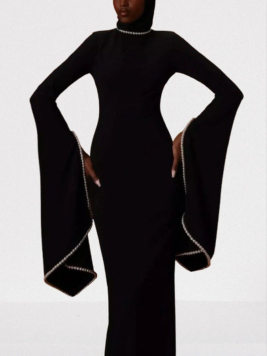 Pearl-Trim Long Black Gown - Dresses