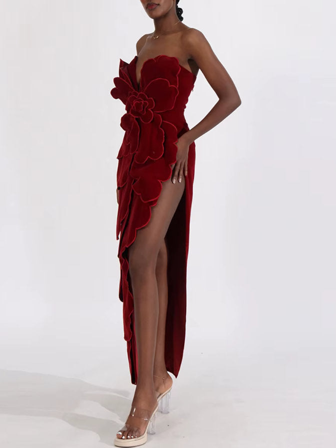 Petal Appliques Strapless Long Red Velvet Dress - Dresses