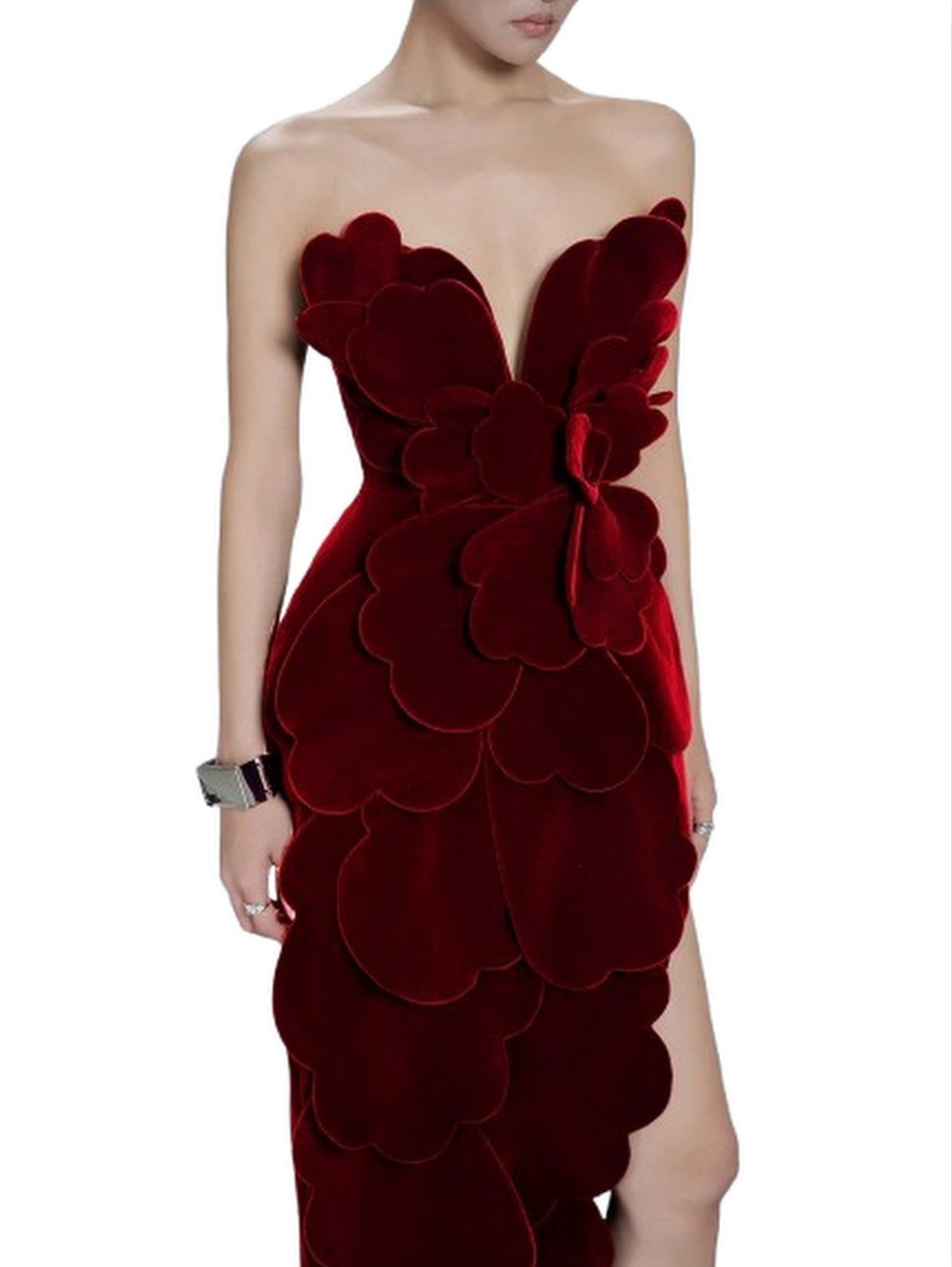 Petal Appliques Strapless Long Red Velvet Dress - Dresses
