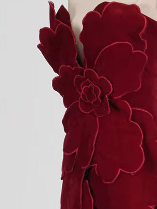 Petal Appliques Strapless Long Red Velvet Dress - Dresses