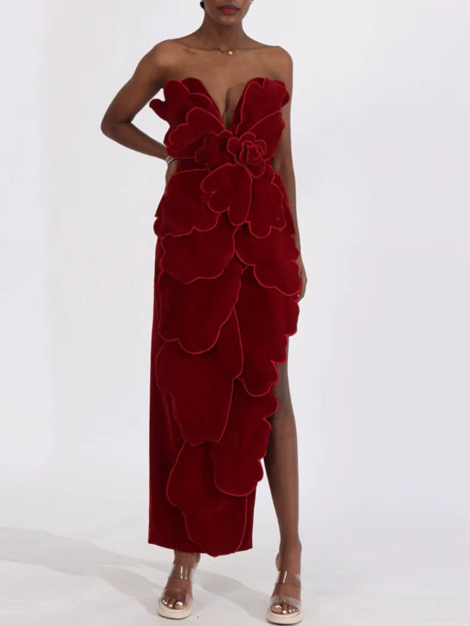 Petal Appliques Strapless Long Red Velvet Dress - Dresses