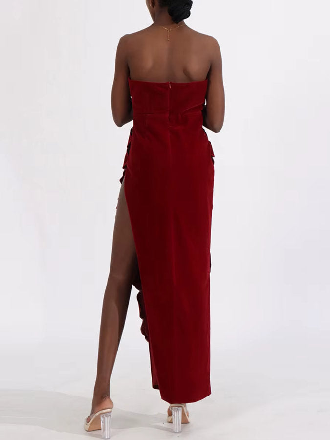 Petal Appliques Strapless Long Red Velvet Dress - Dresses