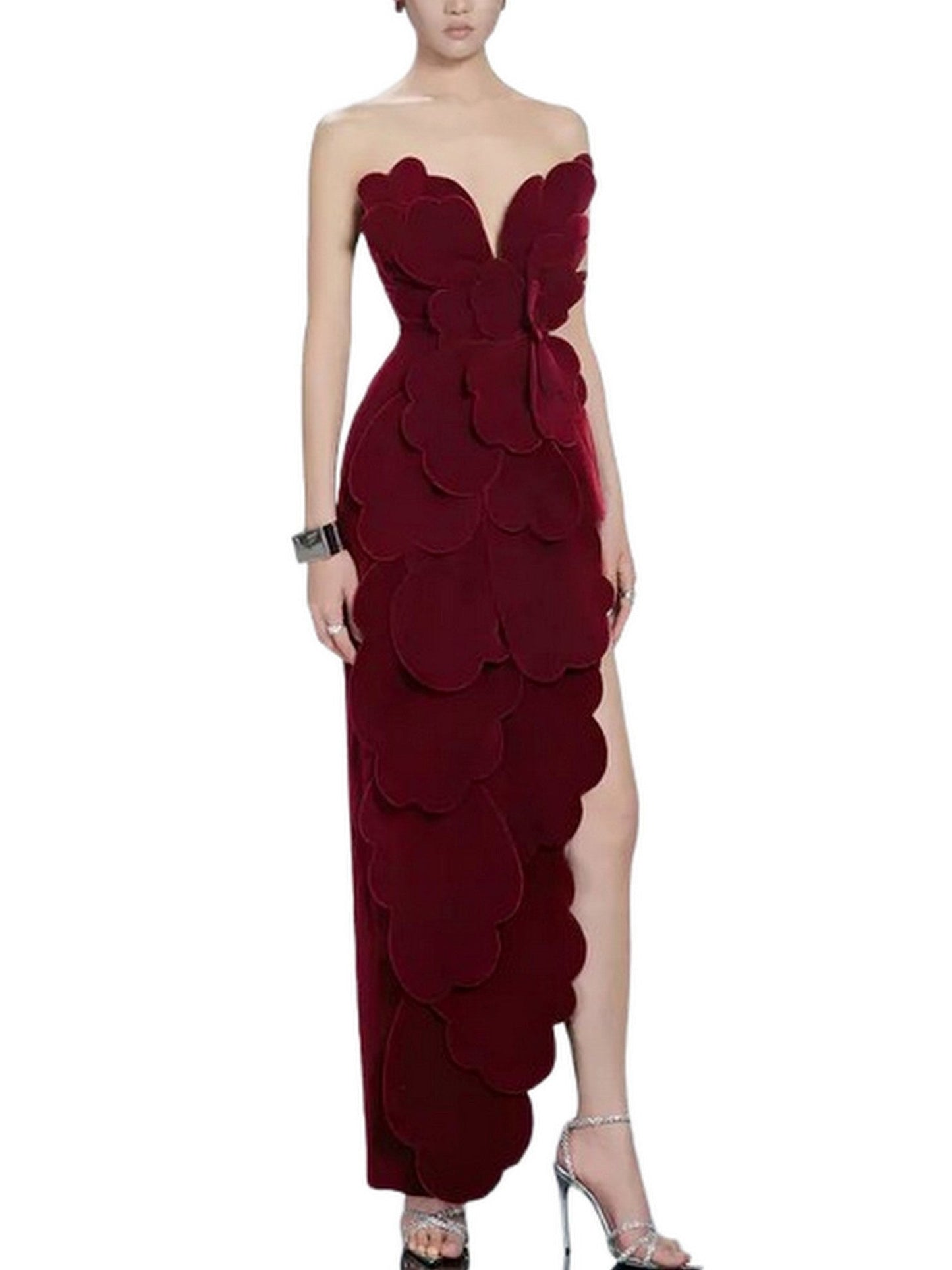 Petal Appliques Strapless Long Red Velvet Dress - Dresses