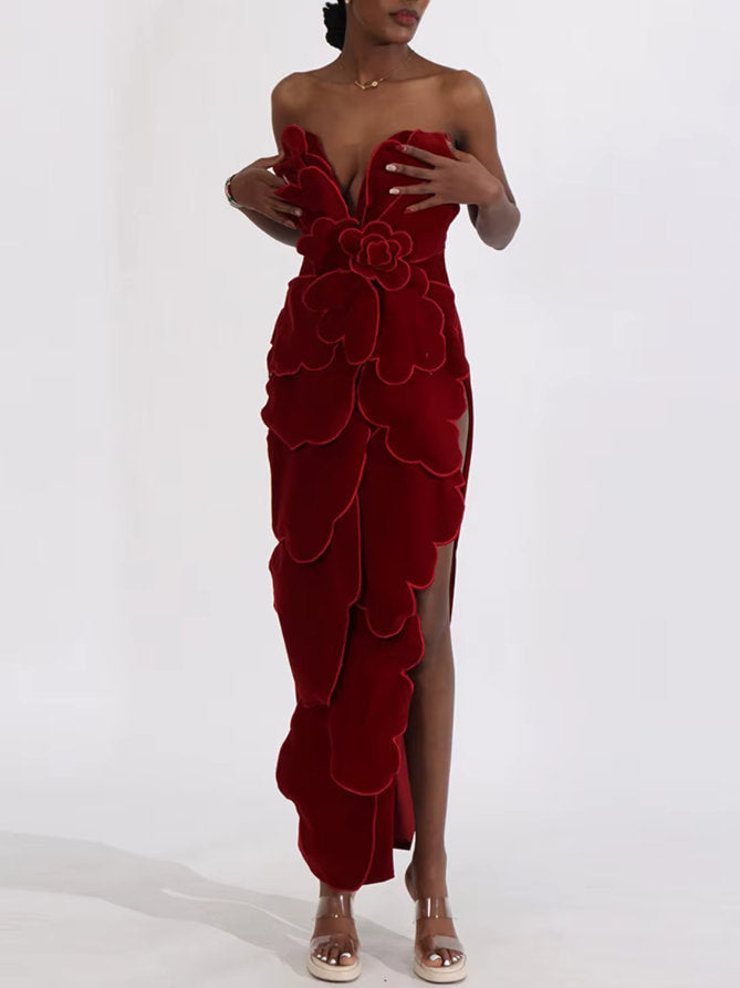 Petal Appliques Strapless Long Red Velvet Dress - Dresses