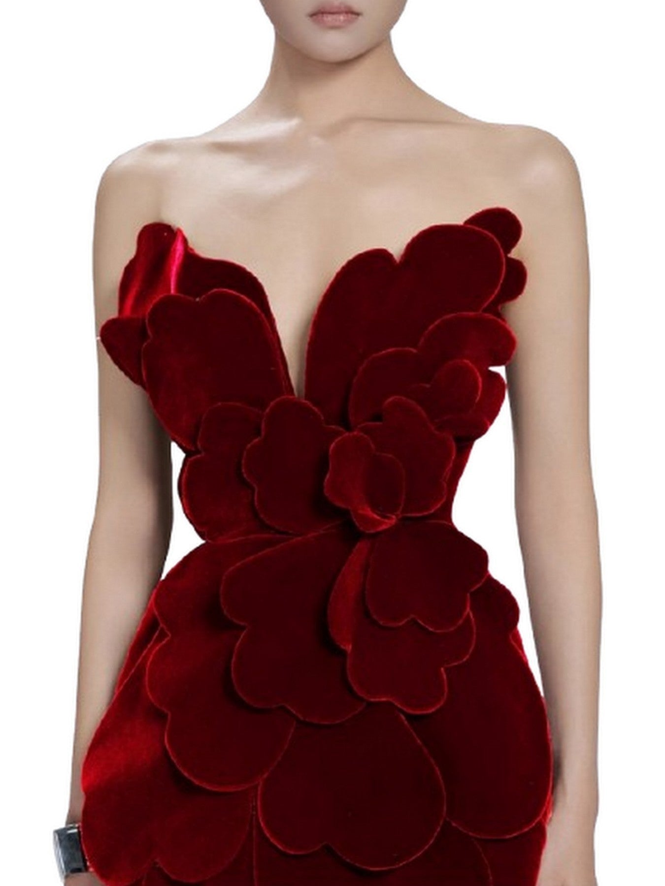Petal Appliques Strapless Long Red Velvet Dress - Dresses