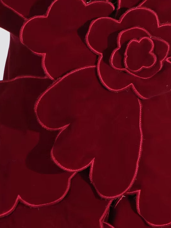 Petal Appliques Strapless Long Red Velvet Dress - Dresses