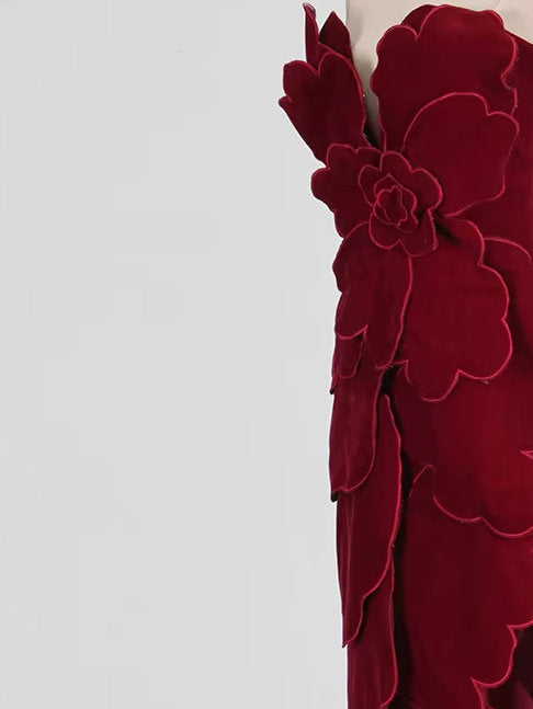 Petal Appliques Strapless Long Red Velvet Dress - Dresses