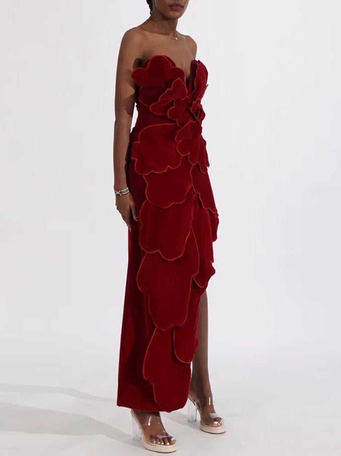 Petal Appliques Strapless Long Red Velvet Dress - Dresses