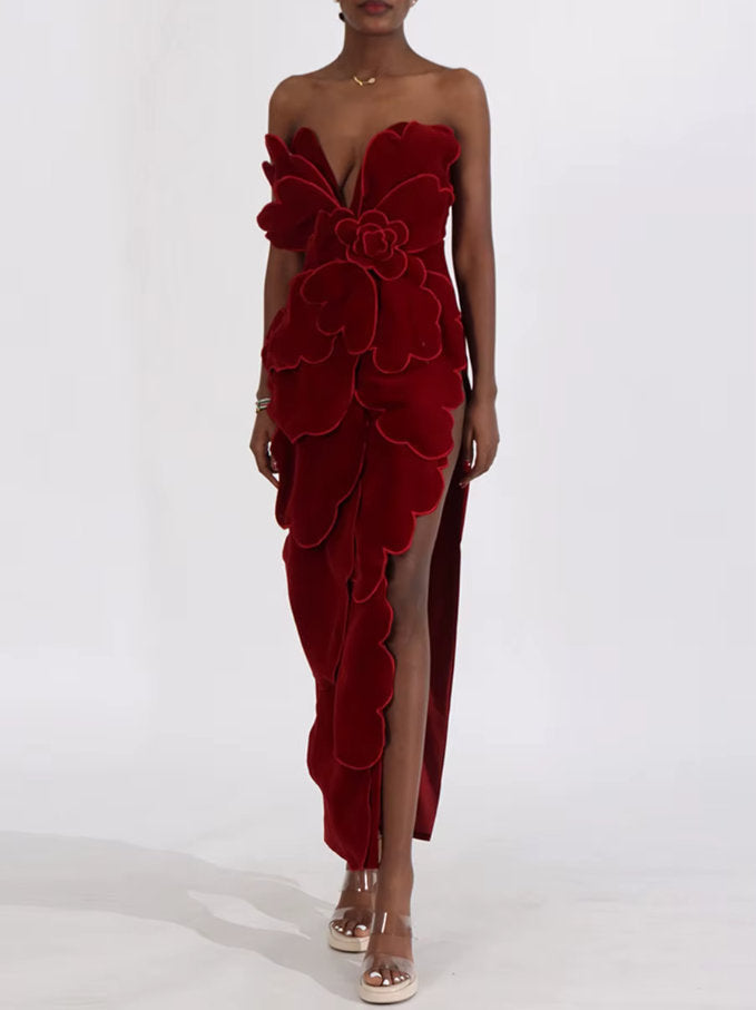 Petal Appliques Strapless Long Red Velvet Dress - Dresses