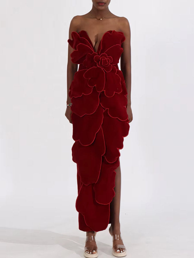 Petal Appliques Strapless Long Red Velvet Dress - Dresses