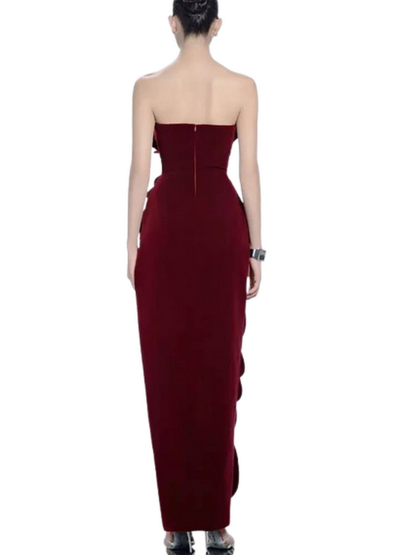 Petal Appliques Strapless Long Red Velvet Dress - Dresses
