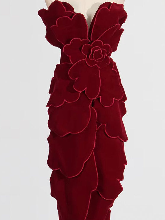 Petal Appliques Strapless Long Red Velvet Dress - Dresses