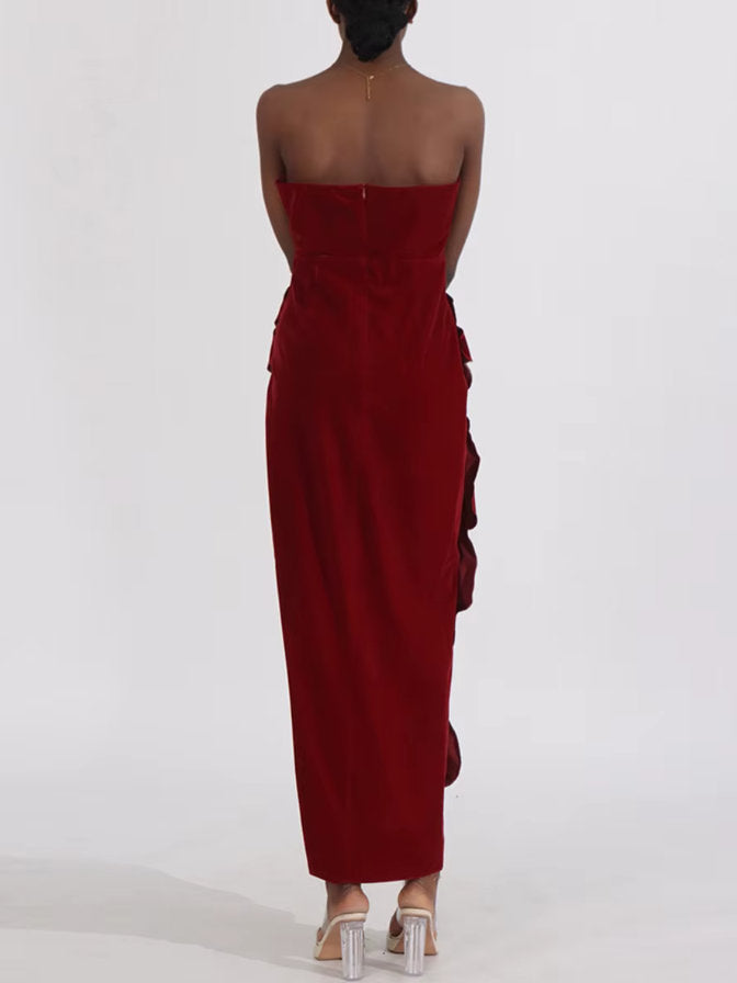 Petal Appliques Strapless Long Red Velvet Dress - Dresses