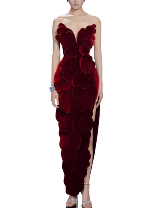 Petal Appliques Strapless Long Red Velvet Dress - Dresses