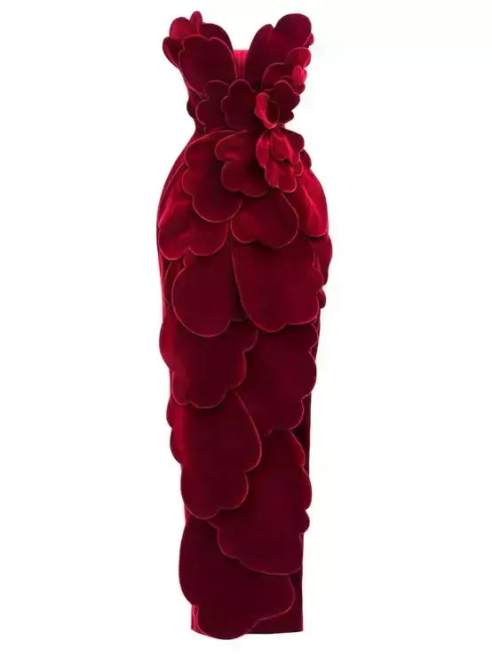 Petal Appliques Strapless Long Red Velvet Dress - Dresses