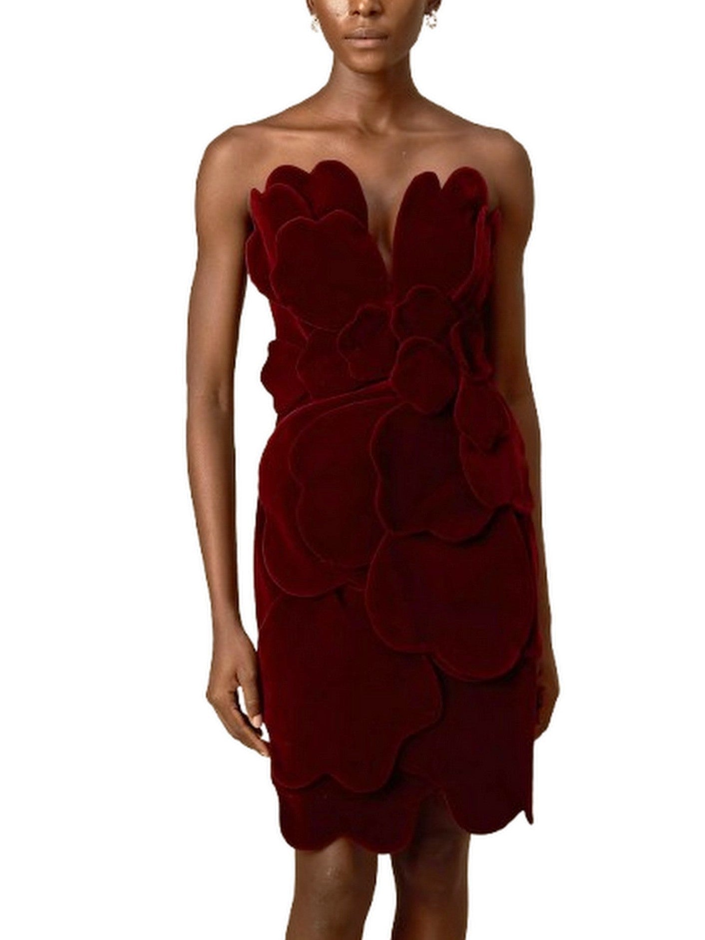 Petal Appliques Strapless Red Short Velvet Dress - Dresses