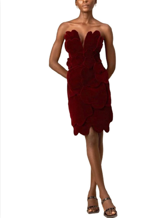 Petal Appliques Strapless Red Short Velvet Dress - Dresses