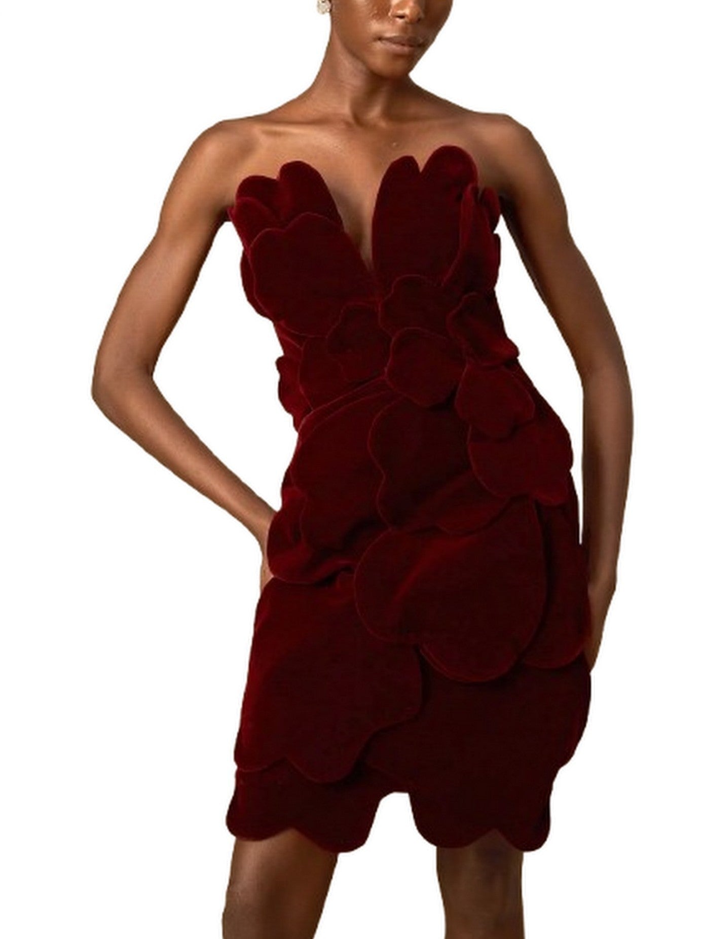 Petal Appliques Strapless Red Short Velvet Dress - Dresses