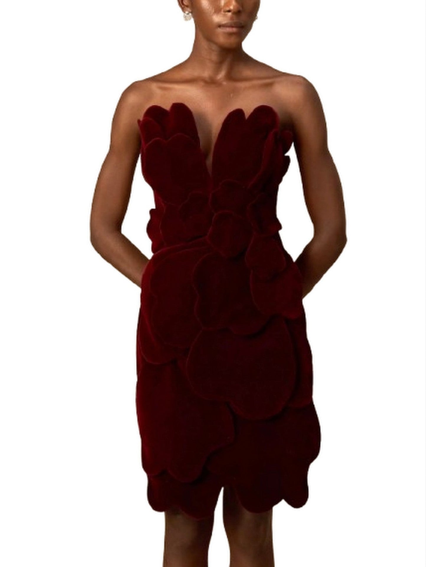 Petal Appliques Strapless Red Short Velvet Dress - Dresses