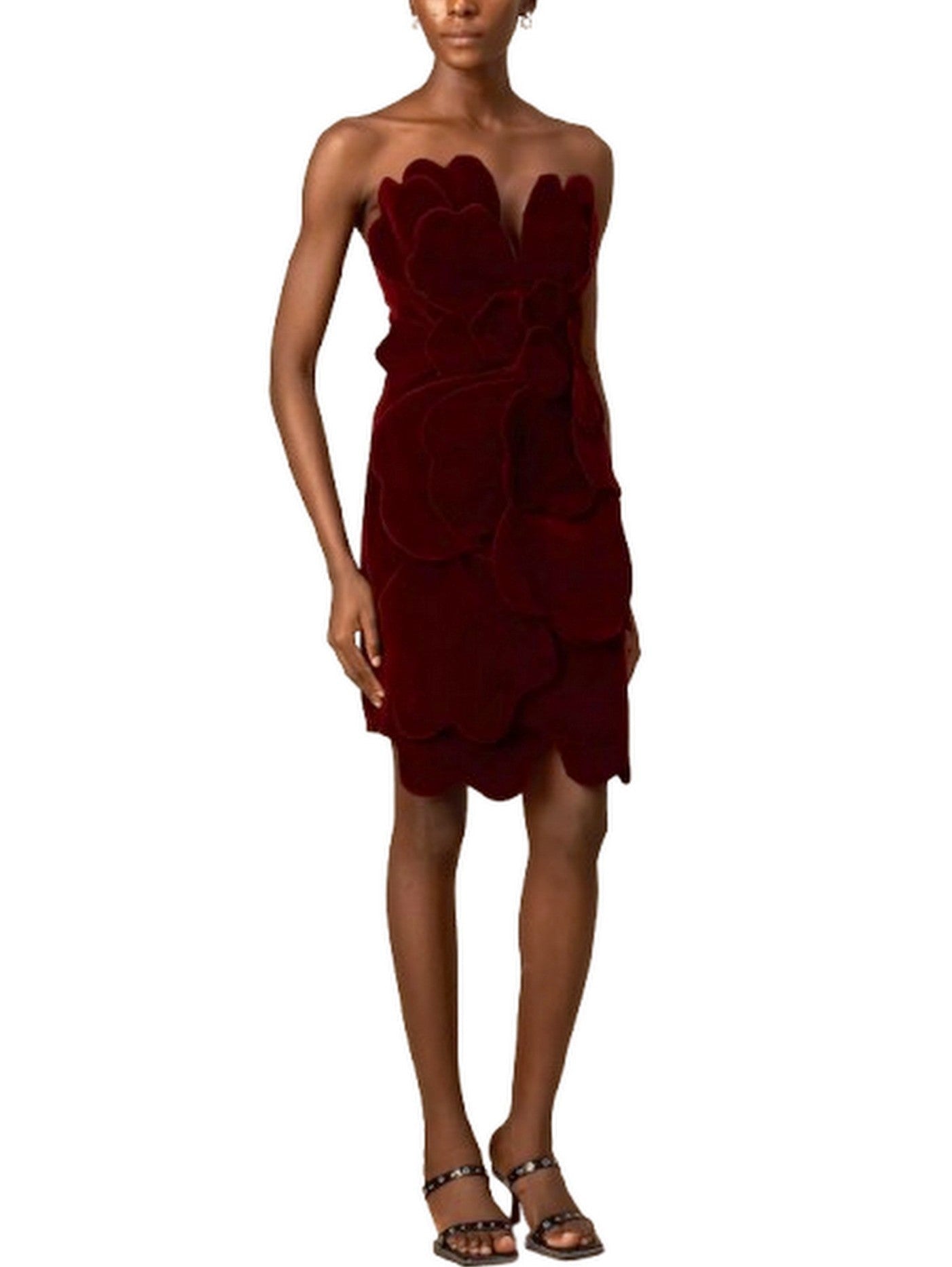 Petal Appliques Strapless Red Short Velvet Dress - Dresses