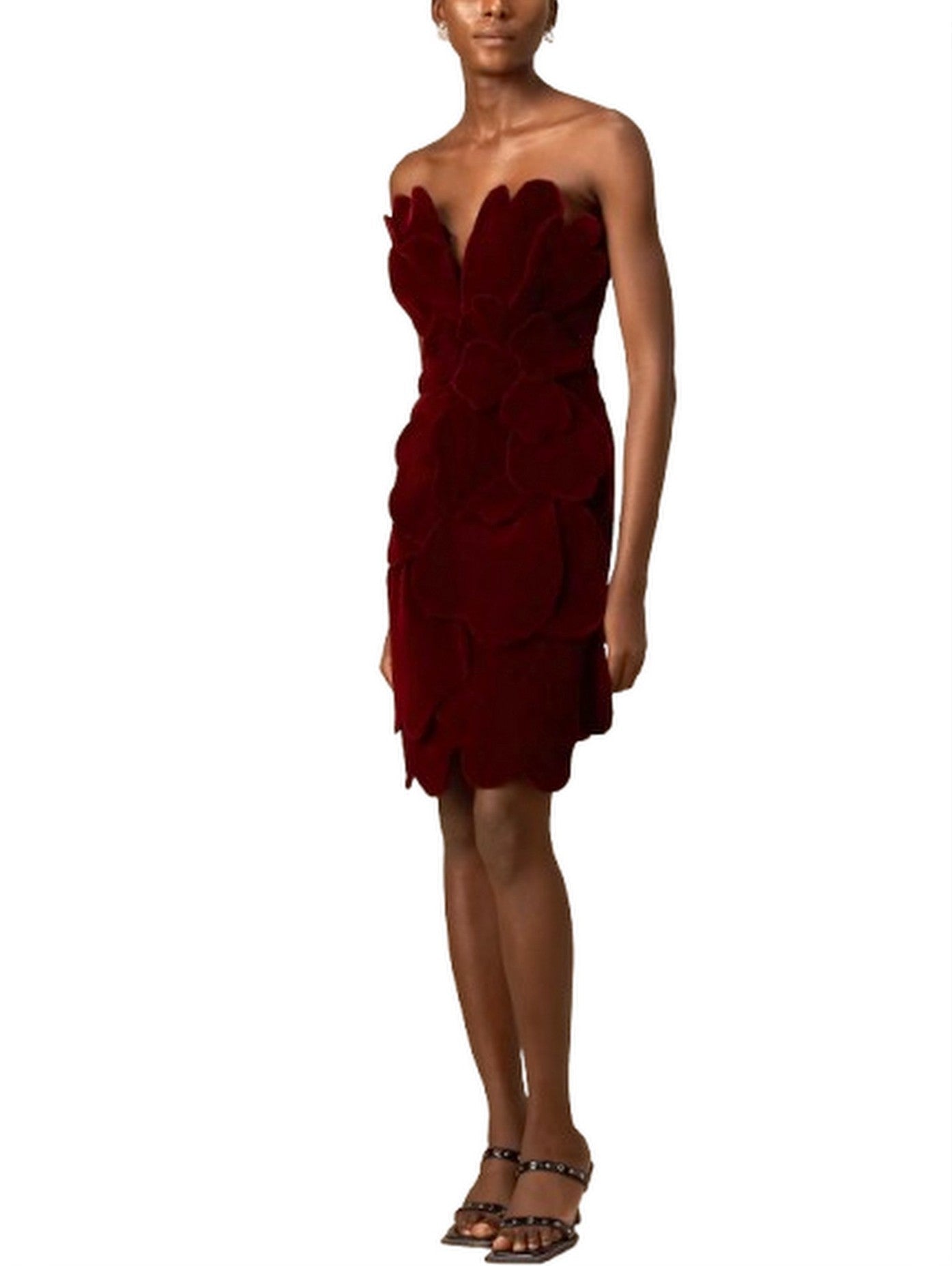 Petal Appliques Strapless Red Short Velvet Dress - Dresses