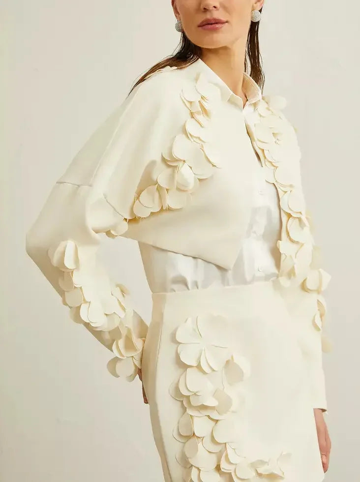 Petal-Embellished Bolero Jacket and Skirt Set in Cream - Suits & Sets