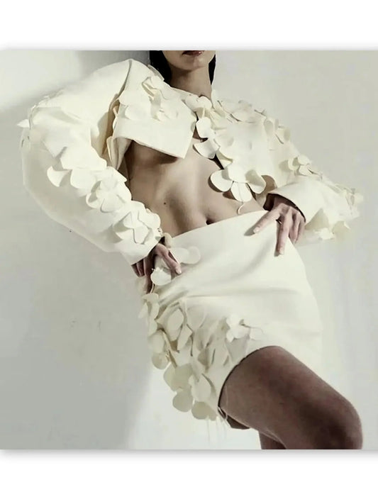 Petal-Embellished Bolero Jacket and Skirt Set in Cream - Suits & Sets