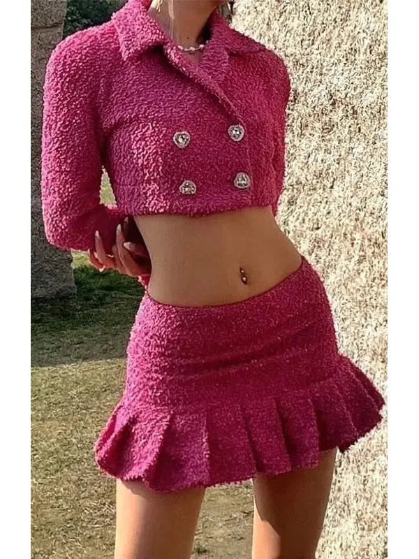 Pink Cropped Tweed Blazer and Skirt Set - Suits & Sets