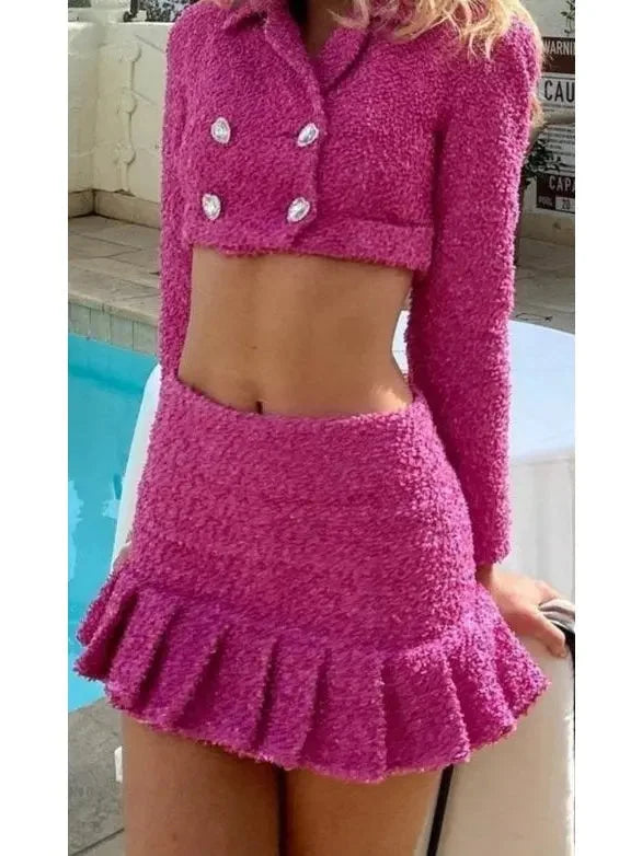 Pink Cropped Tweed Blazer and Skirt Set - Suits & Sets