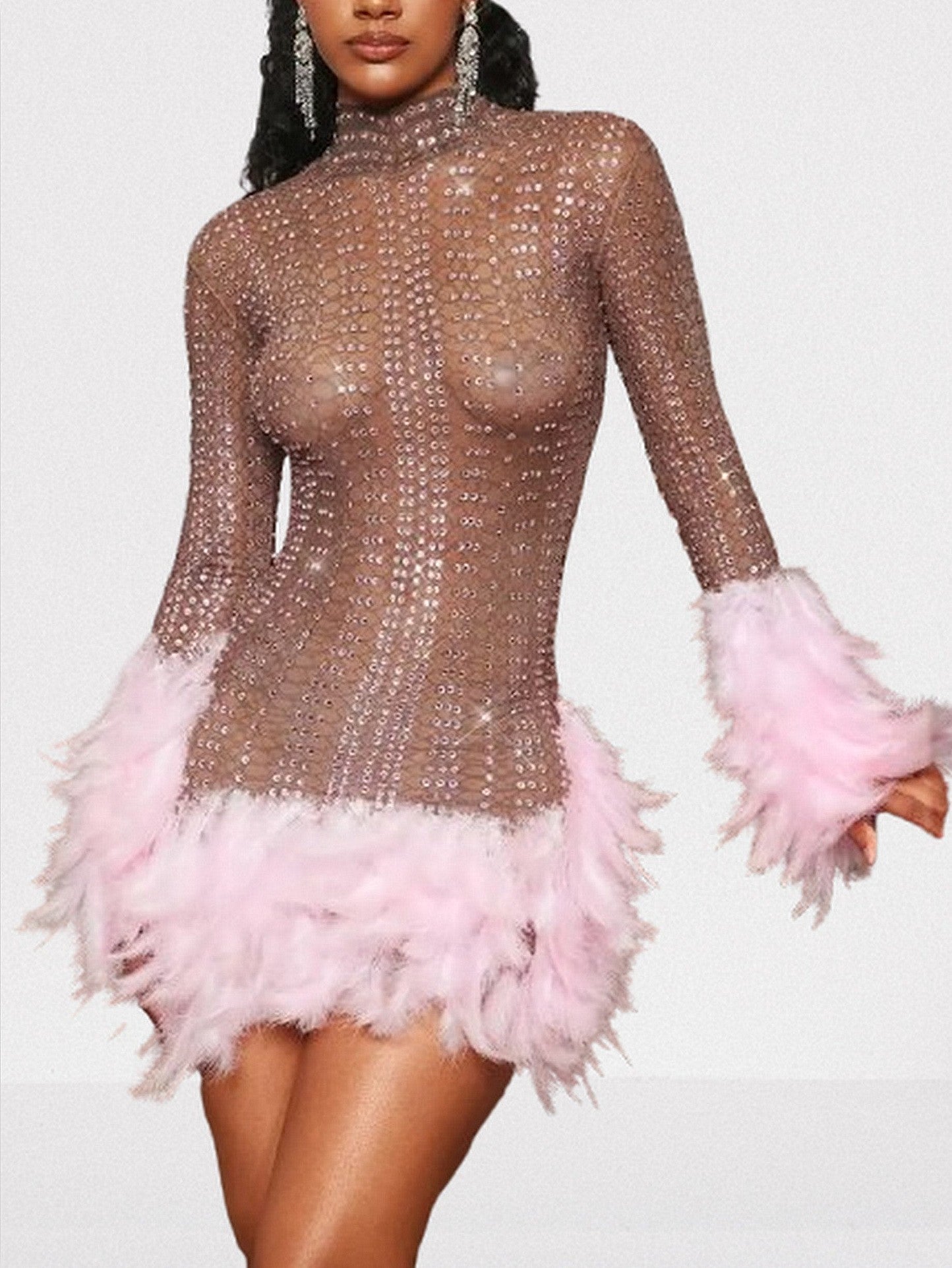 Pink Feather-Trimmed Crystal Embellished Mini Dress - Dresses