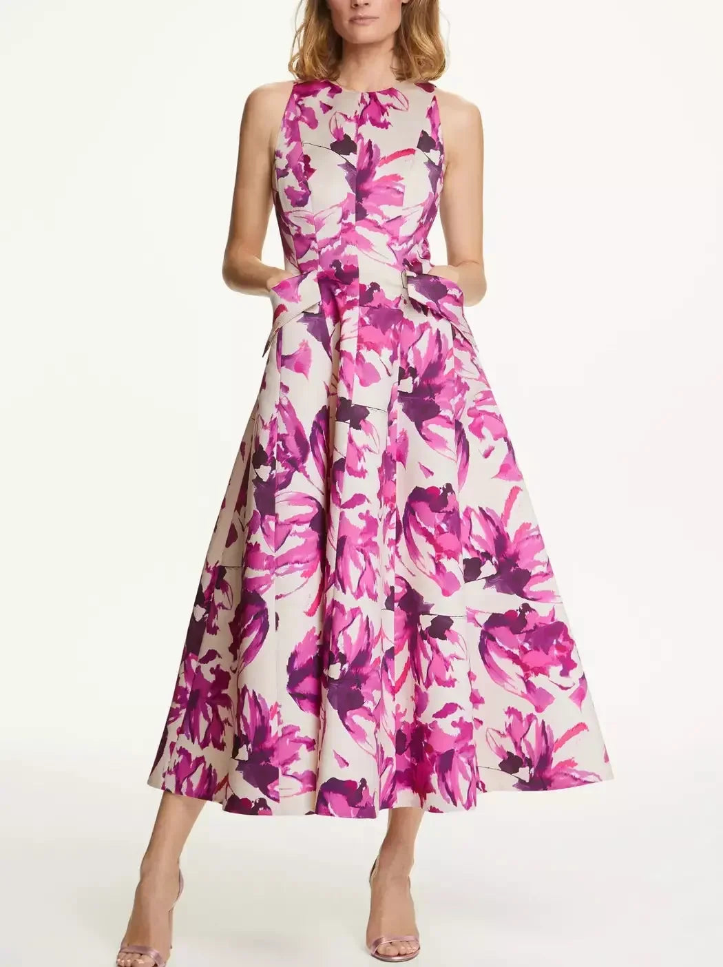 Pink Floral Printed Sleeveless Flared Midi Dress - Dresses