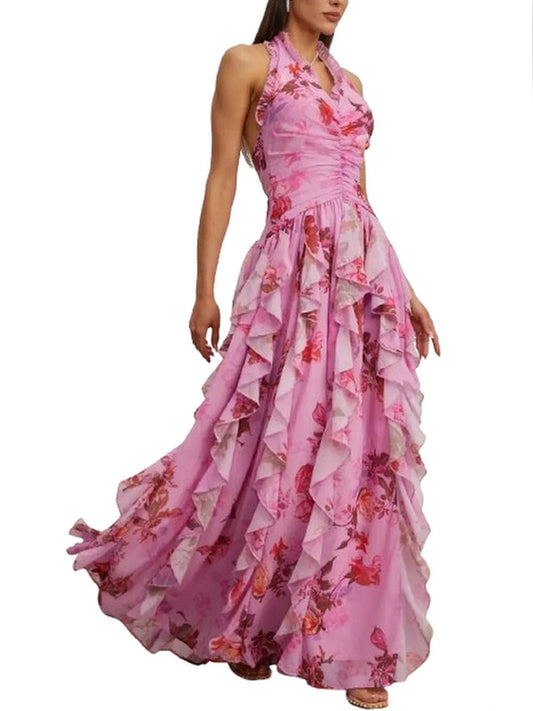 Pink Floral Ruffle Halter Maxi Dress - Dresses