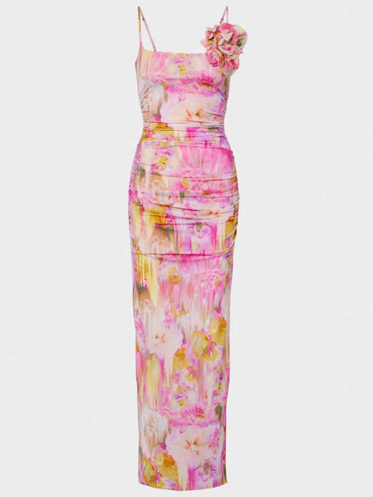 Pink Floral Watercolor Print Jersey Gown - Dresses