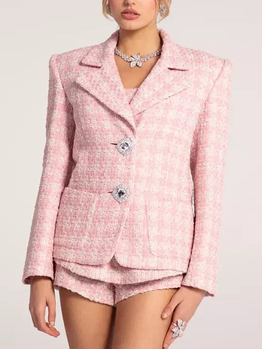 Pink Houndstooth Tweed Jacket with Diamante Buttons - Jackets