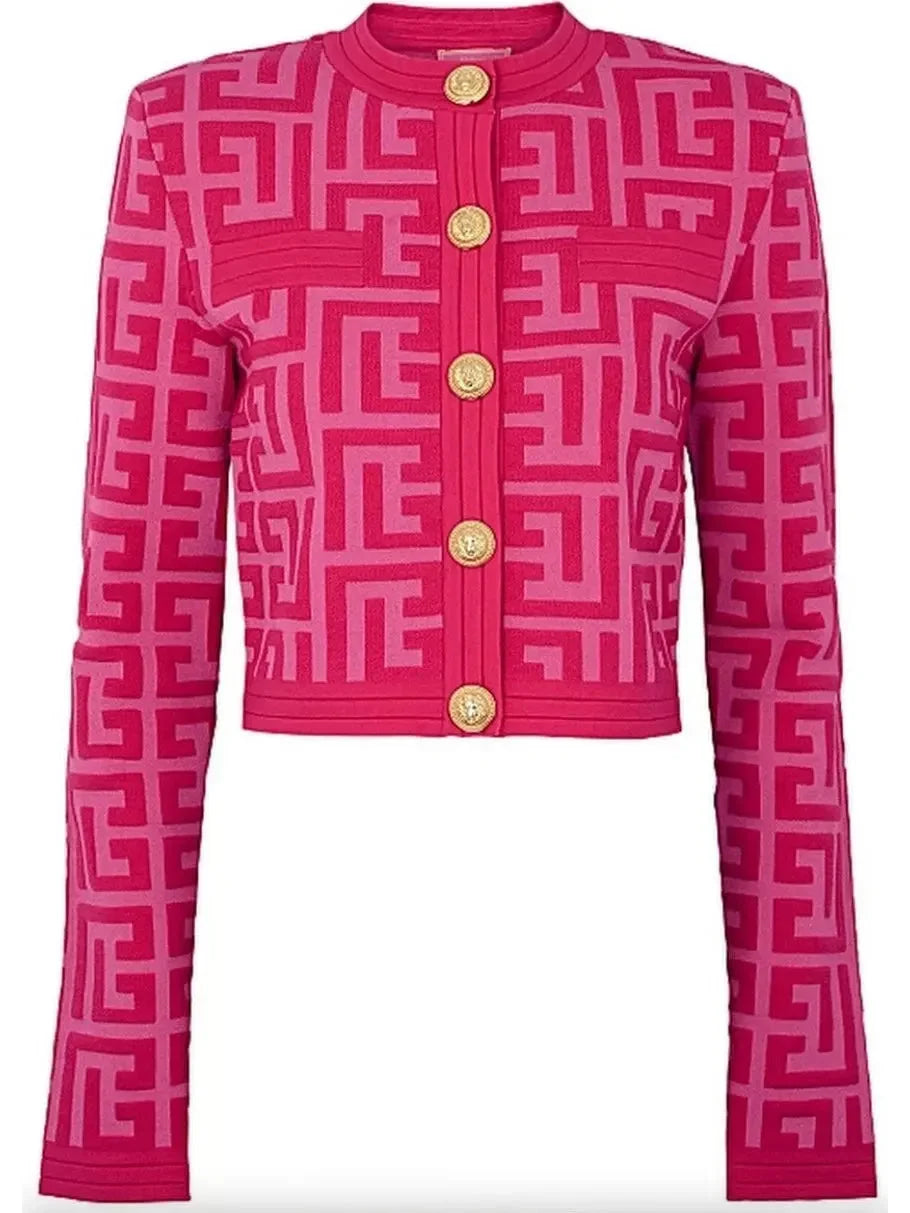 Pink Monogram Cropped Jacquard-Knit Cardigan - Sweaters & Knitwear