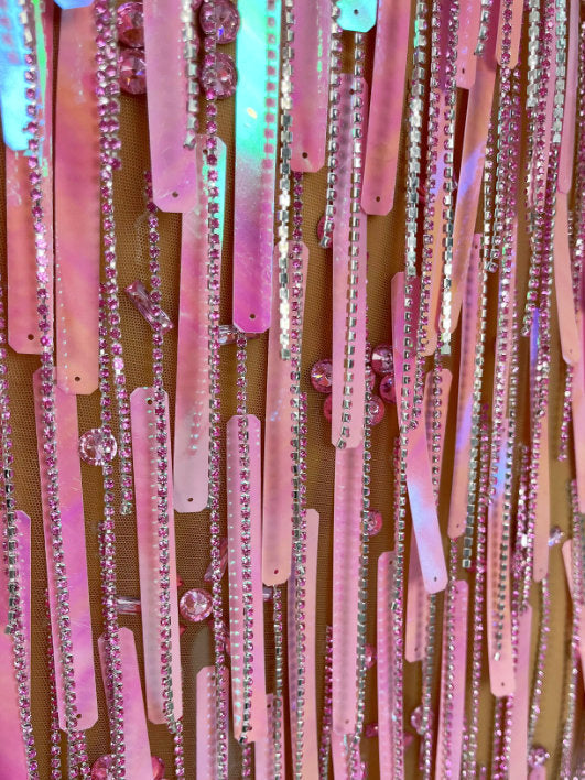 Pink Plunge-Neck Halter Paillette and Rhinestone Mini Dress with sequins and shine