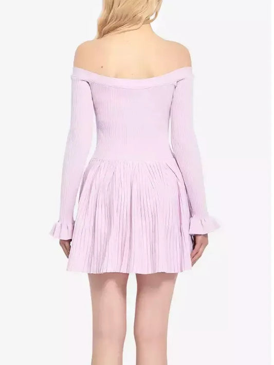 Pink Ribbed Knit Off-Shoulder Mini Dress - Dresses
