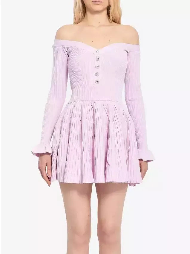Pink Ribbed Knit Off-Shoulder Mini Dress - Dresses