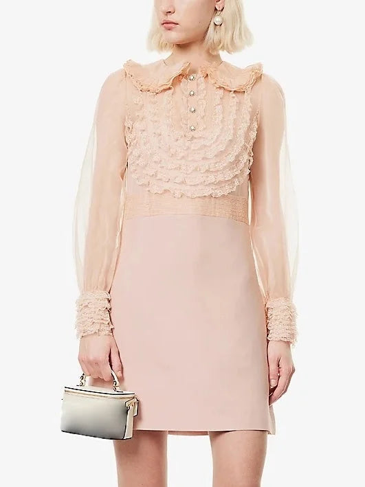 Pink Ruffle Lace-Trim Long-Sleeve Mini Dress - Dresses