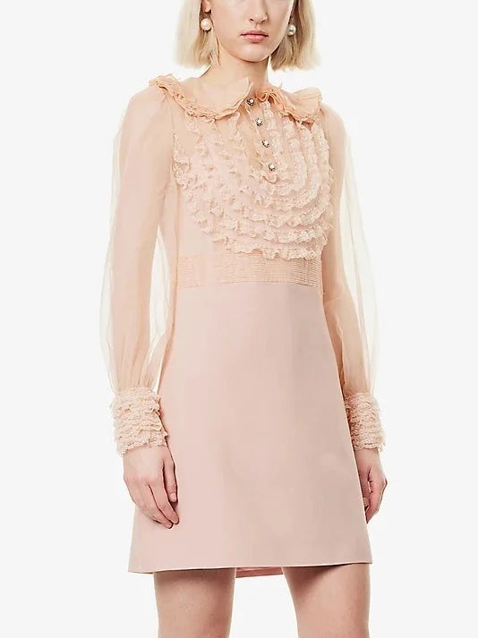 Pink Ruffle Lace-Trim Long-Sleeve Mini Dress - Dresses