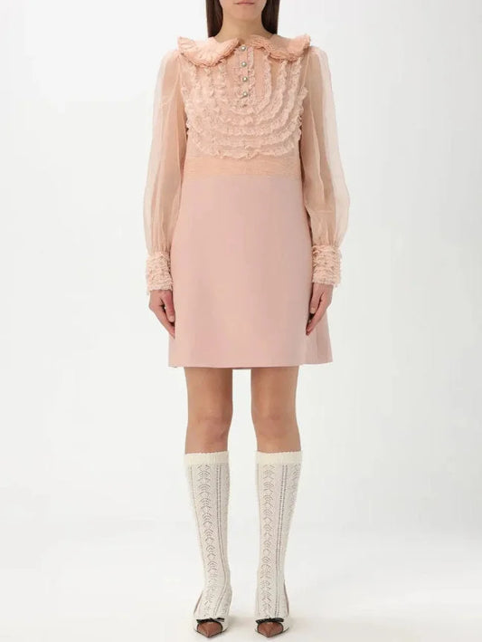 Pink Ruffle Lace-Trim Long-Sleeve Mini Dress - Dresses