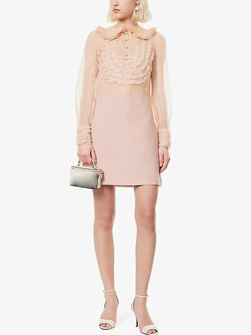 Pink Ruffle Lace-Trim Long-Sleeve Mini Dress - Dresses