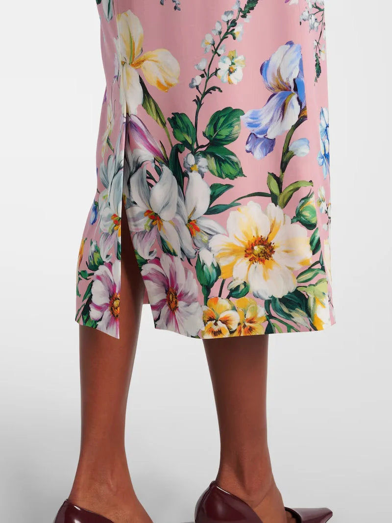Pink Silk Pencil Skirt with Multicolor Floral Print - Skirts
