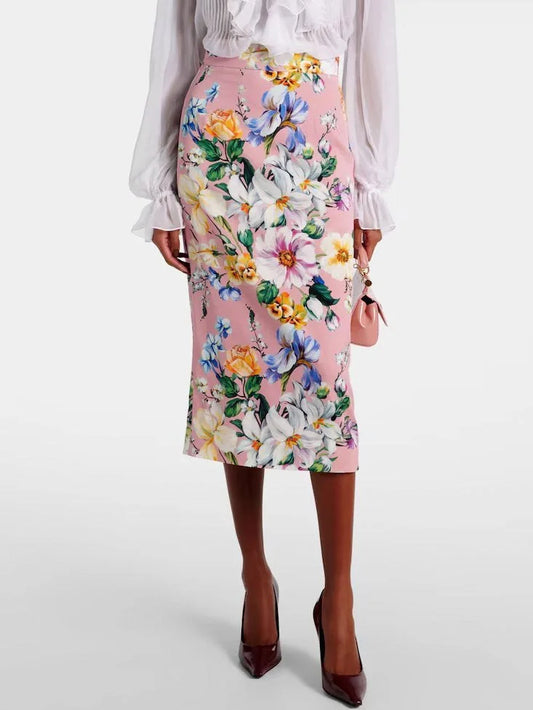 Pink Silk Pencil Skirt with Multicolor Floral Print - Skirts