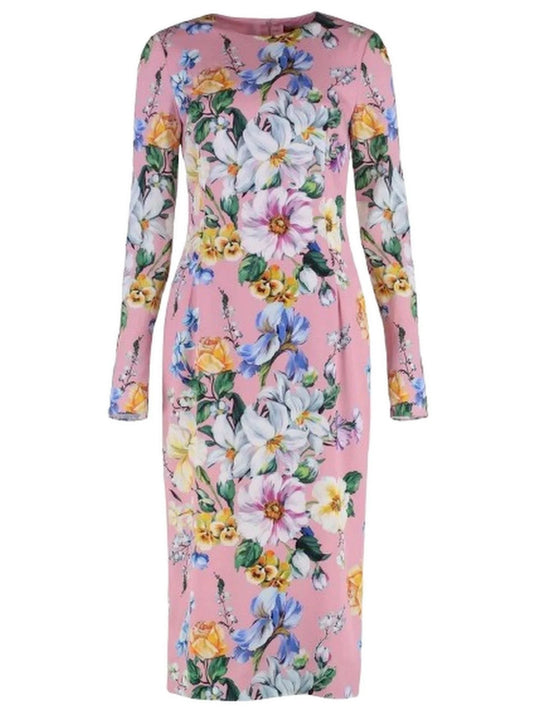 Pink Silk Sheath Dress with Multicolor Floral Print - M - Dresses