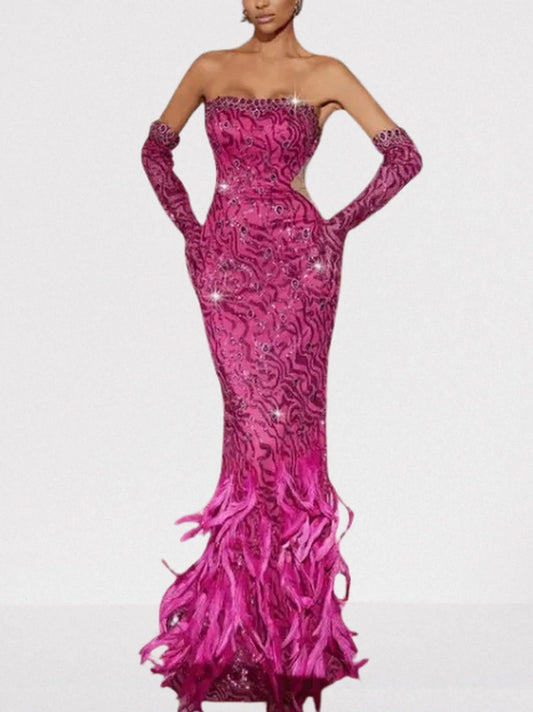 Pink Strapless Jewel Sequin and Feather Gown - Dresses