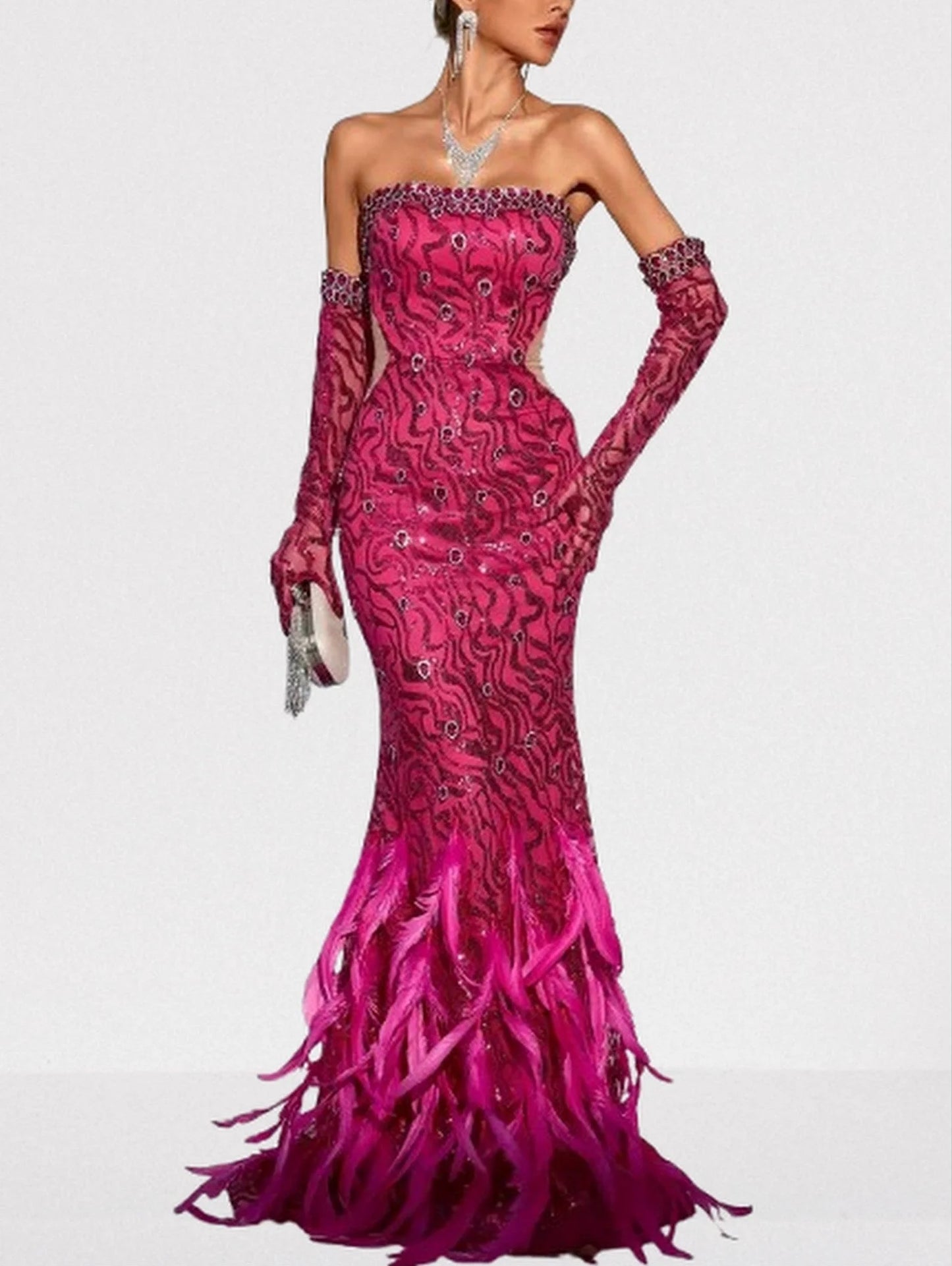 Pink Strapless Jewel Sequin and Feather Gown - Dresses