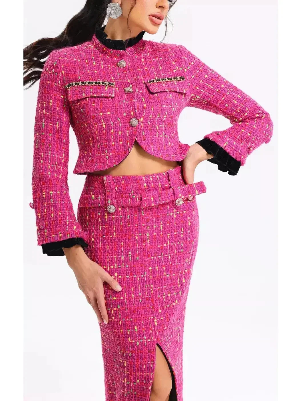 Pink Tweed Cropped Jacket and Skirt Set with Multicolor Details - Suits & Sets