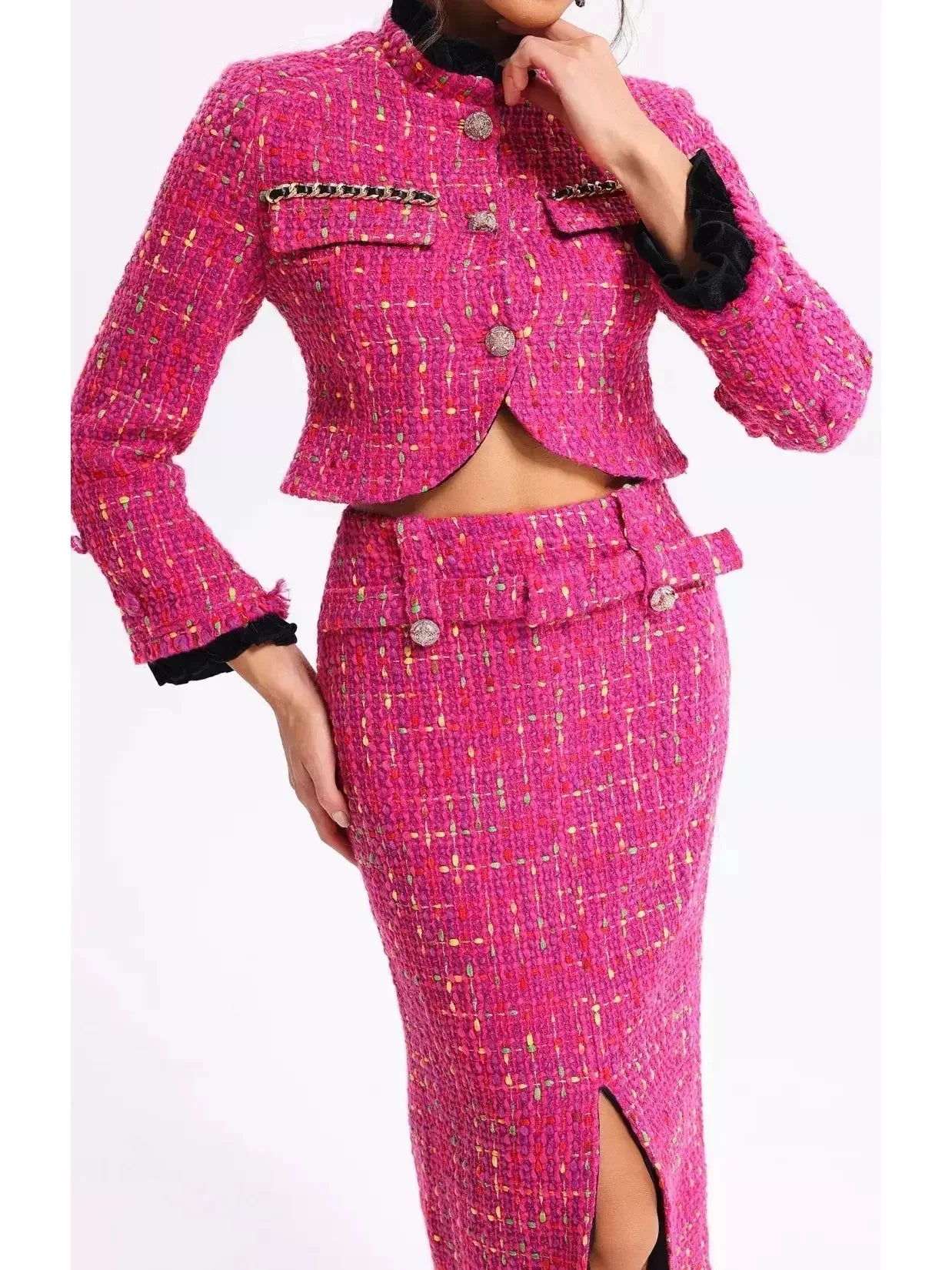 Pink Tweed Cropped Jacket and Skirt Set with Multicolor Details - Suits & Sets